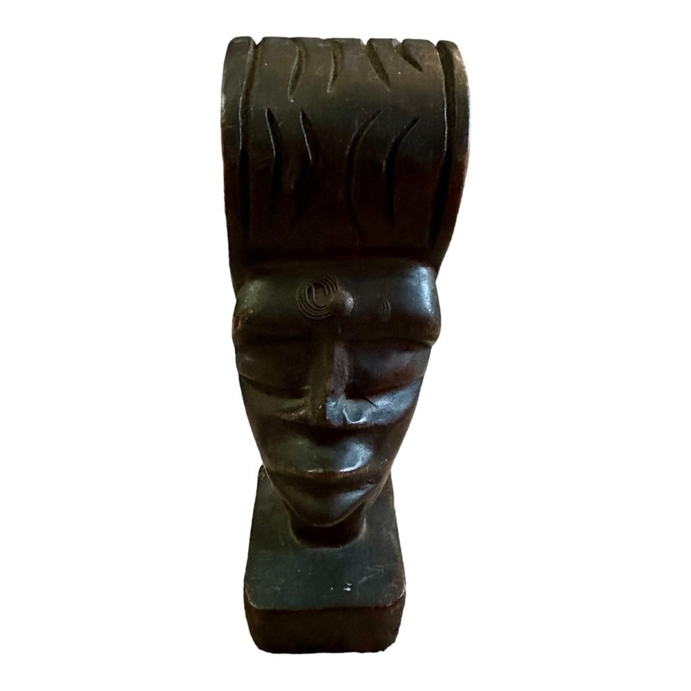African Hand Carved Ebony Wood Sculpture  Head Bust Miniature Statue 8” Tall